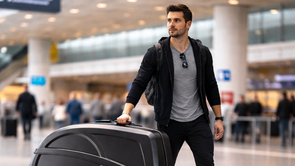 Atleta com bike no aeroporto